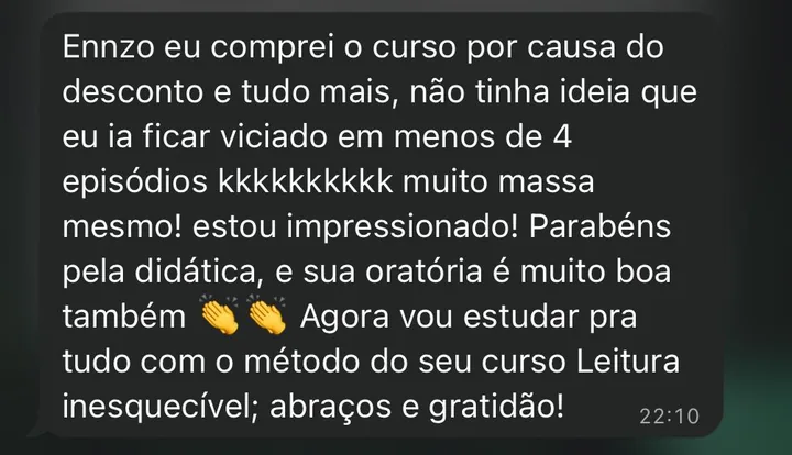 Depoimento de aluno elogiando a didática e o engajamento nas aulas.