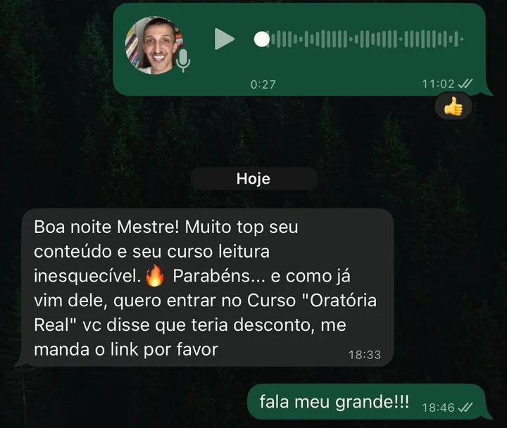 Depoimento de aluno satisfeito com o conteúdo e o curso.