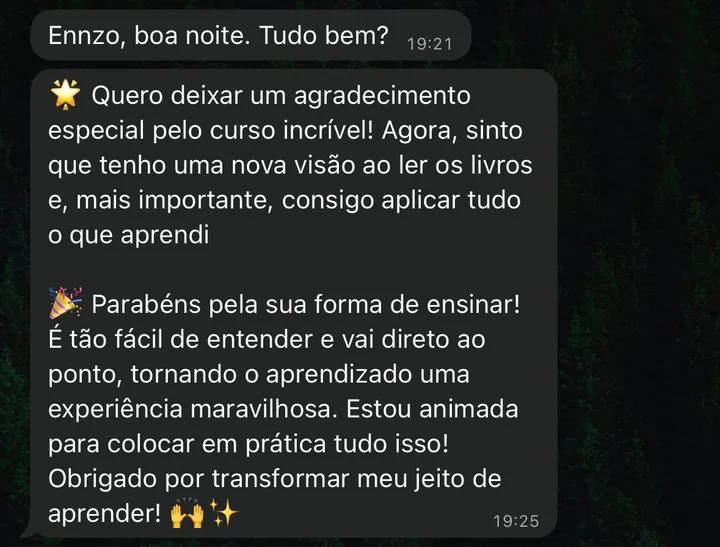 Depoimento de aluna: ganhou nova visão ao ler livros e consegue aplicar o que aprendeu.